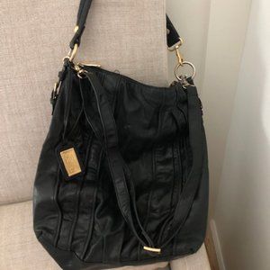 Badgley Mischka Black Leather Crossbody Tote Bag with Gold Hardware